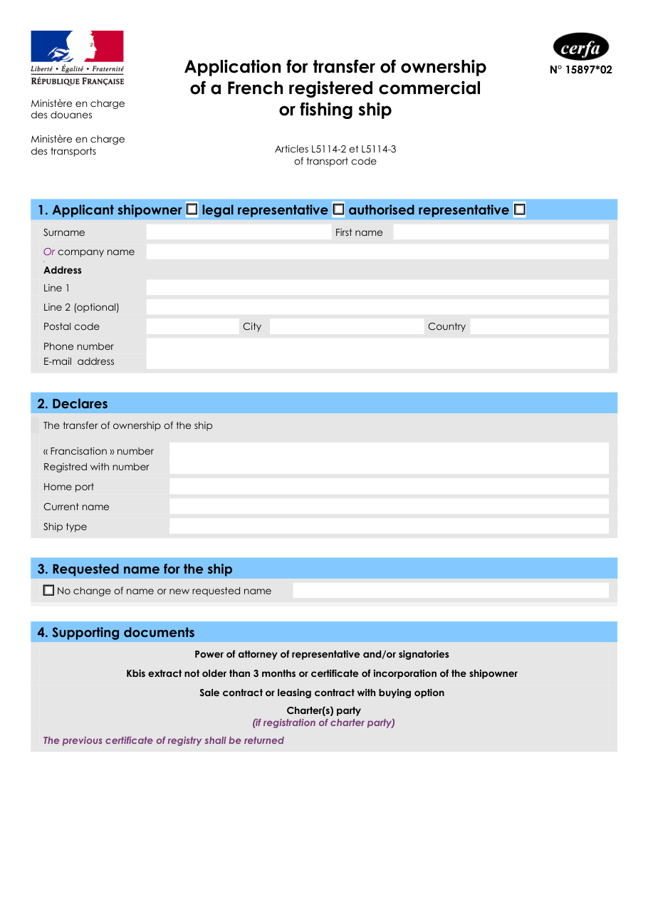 Page 1 du formulaire cerfa 15897 — Application for transfer of ownership of a French registered commercial