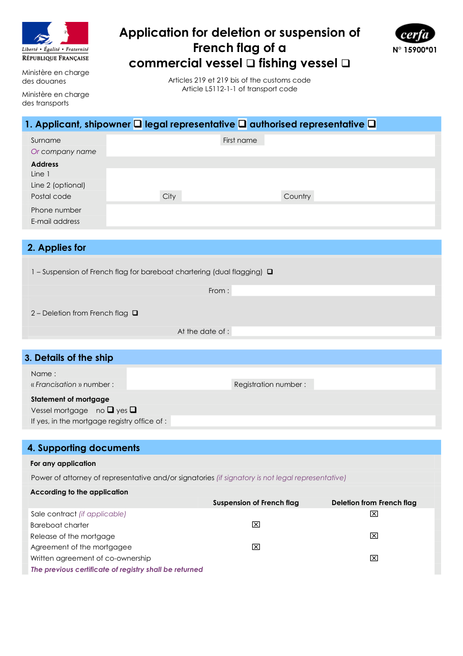 Page 1 du formulaire cerfa 15900 — Application for deletion or suspension of French flag of a commercial or fishing vessel