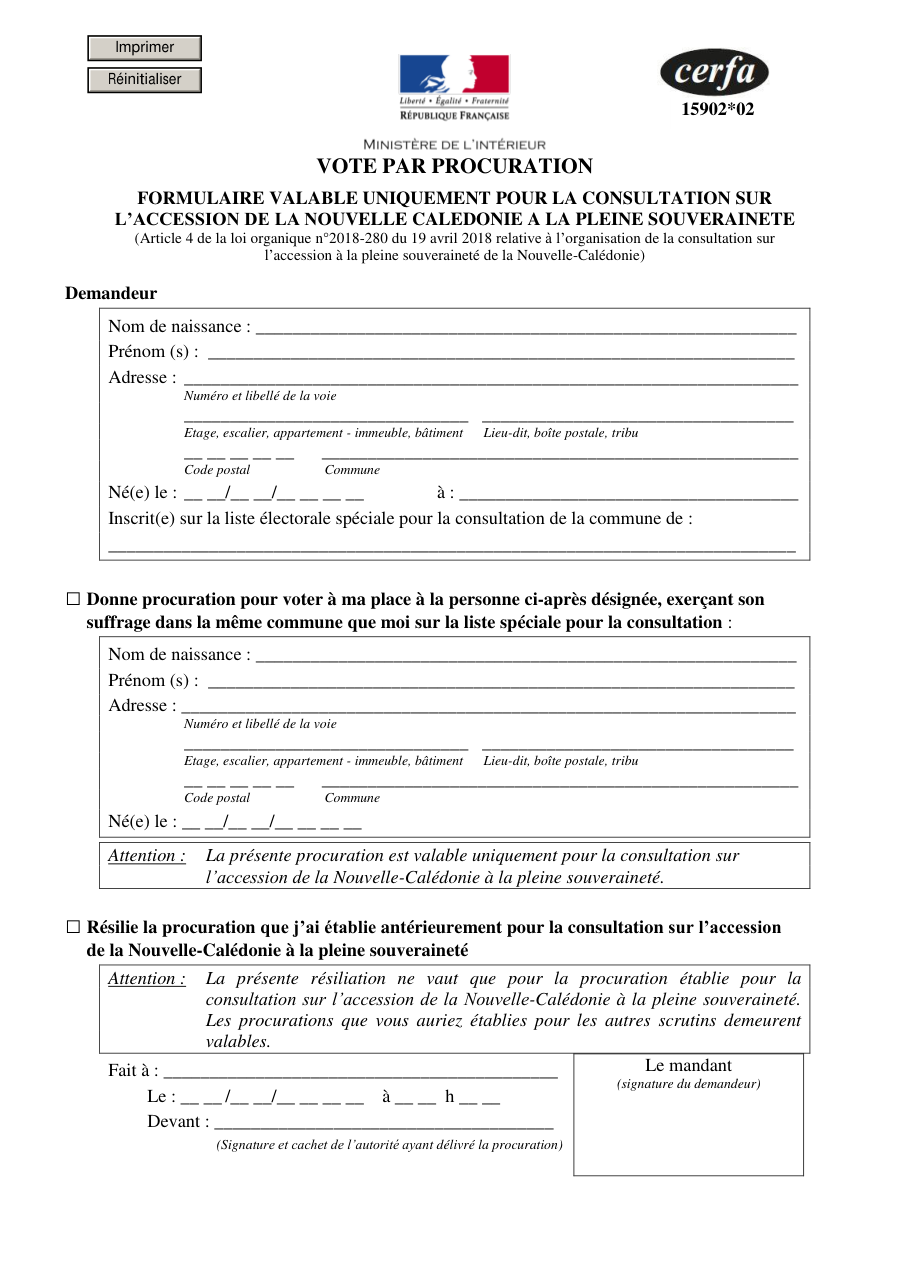 Page 1 du formulaire cerfa 15902 — Vote par procuration – Consultation sur l'accession de la Nouvelle-Calédonie à la pleine