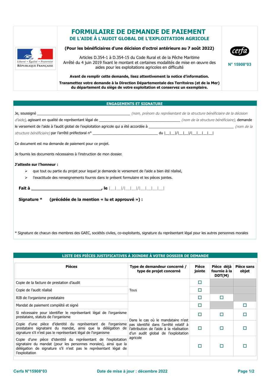 Page 1 du formulaire cerfa 15908 — Formulaire de demande de paiement de l’aide à l’audit global de l’exploitation agricole