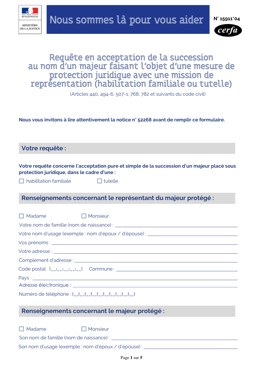 Page 1 du formulaire cerfa 15911 — Requête en acceptation de la succession au nom d'un majeur protégé