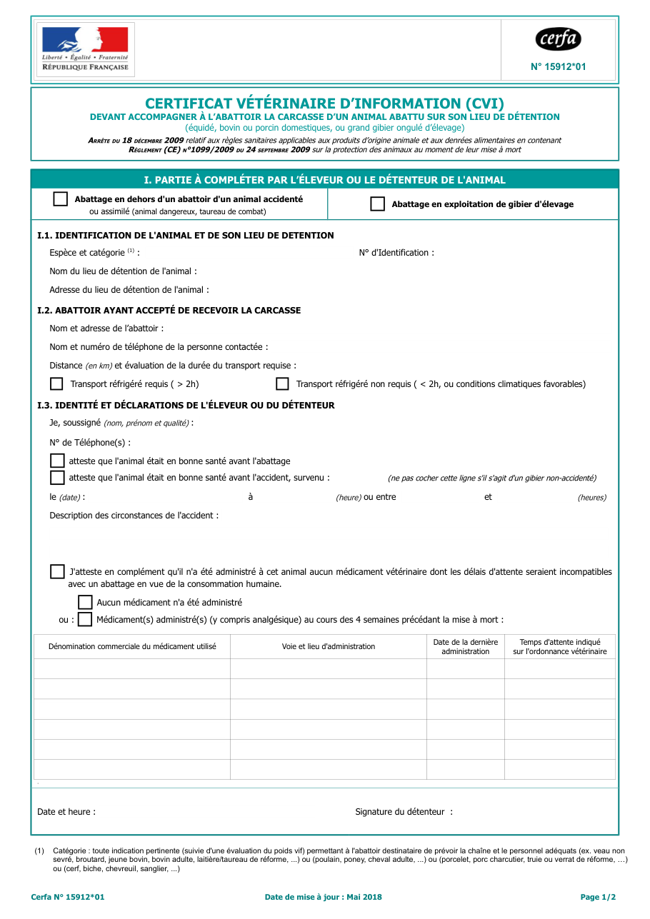 Page 1 du formulaire cerfa 15912 — Certificat vétérinaire d'information (CVI)