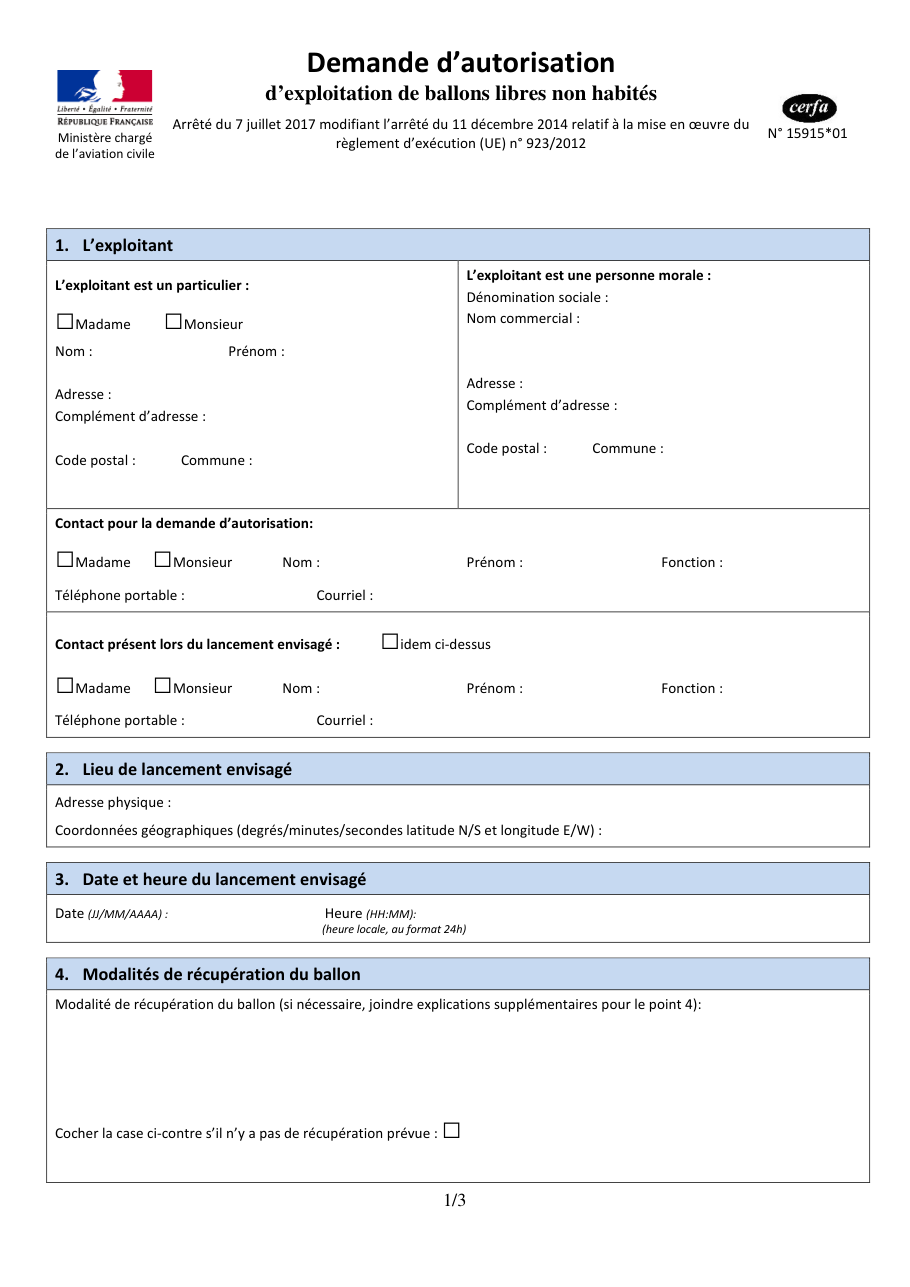 Page 1 du formulaire cerfa 15915 — Demande d'autorisation d'exploitation de ballons libres non habités