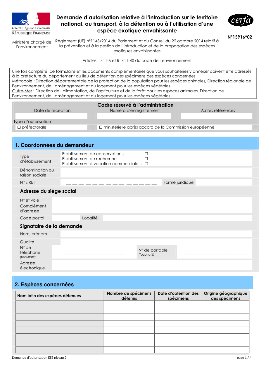 Page 1 du formulaire cerfa 15916 — Demande d'autorisation relative à l'introduction sur le territoire national, au transport