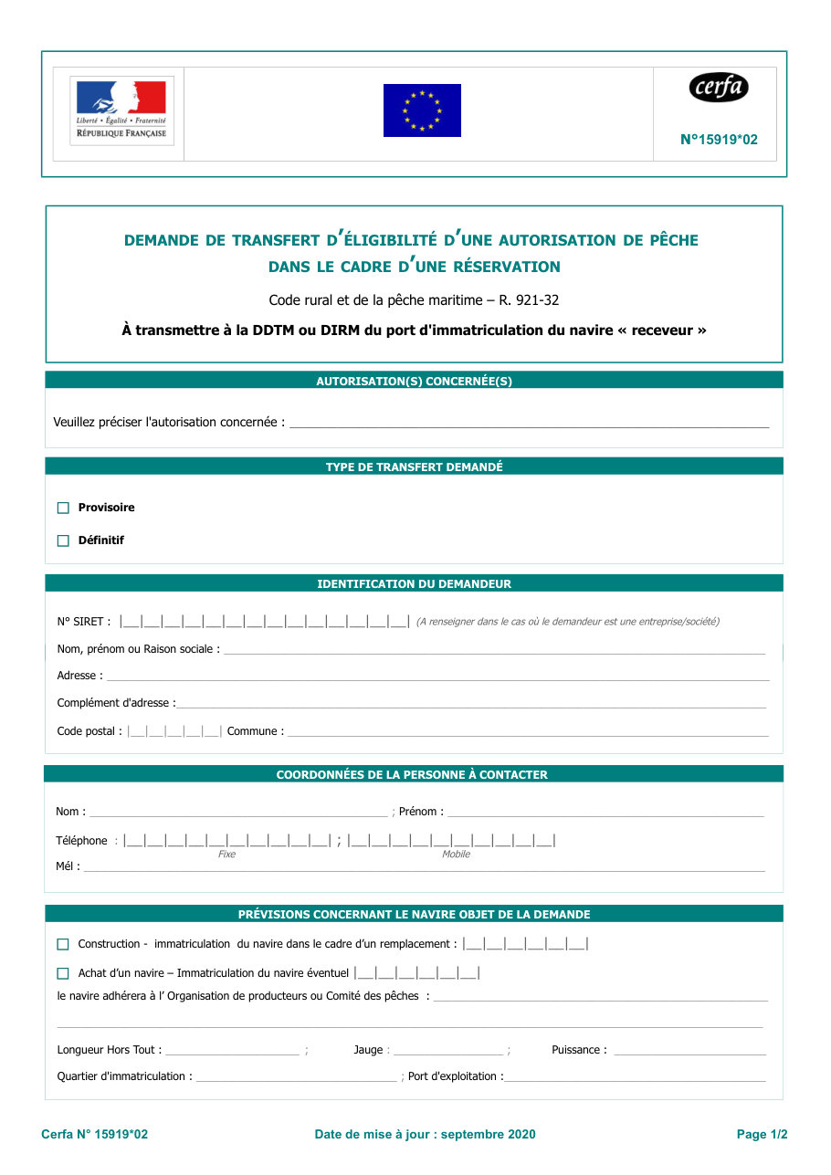 Page 1 du formulaire cerfa 15919 — Transférer l'éligibilité d'une autorisation de pêche dans le cadre d'une réservation