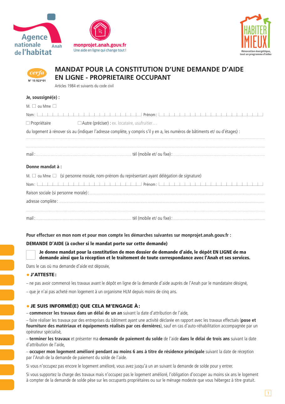 Page 1 du formulaire cerfa 15923 — Mandat pour la constitution d’une demande d’aide en ligne — propriétaire occupant
