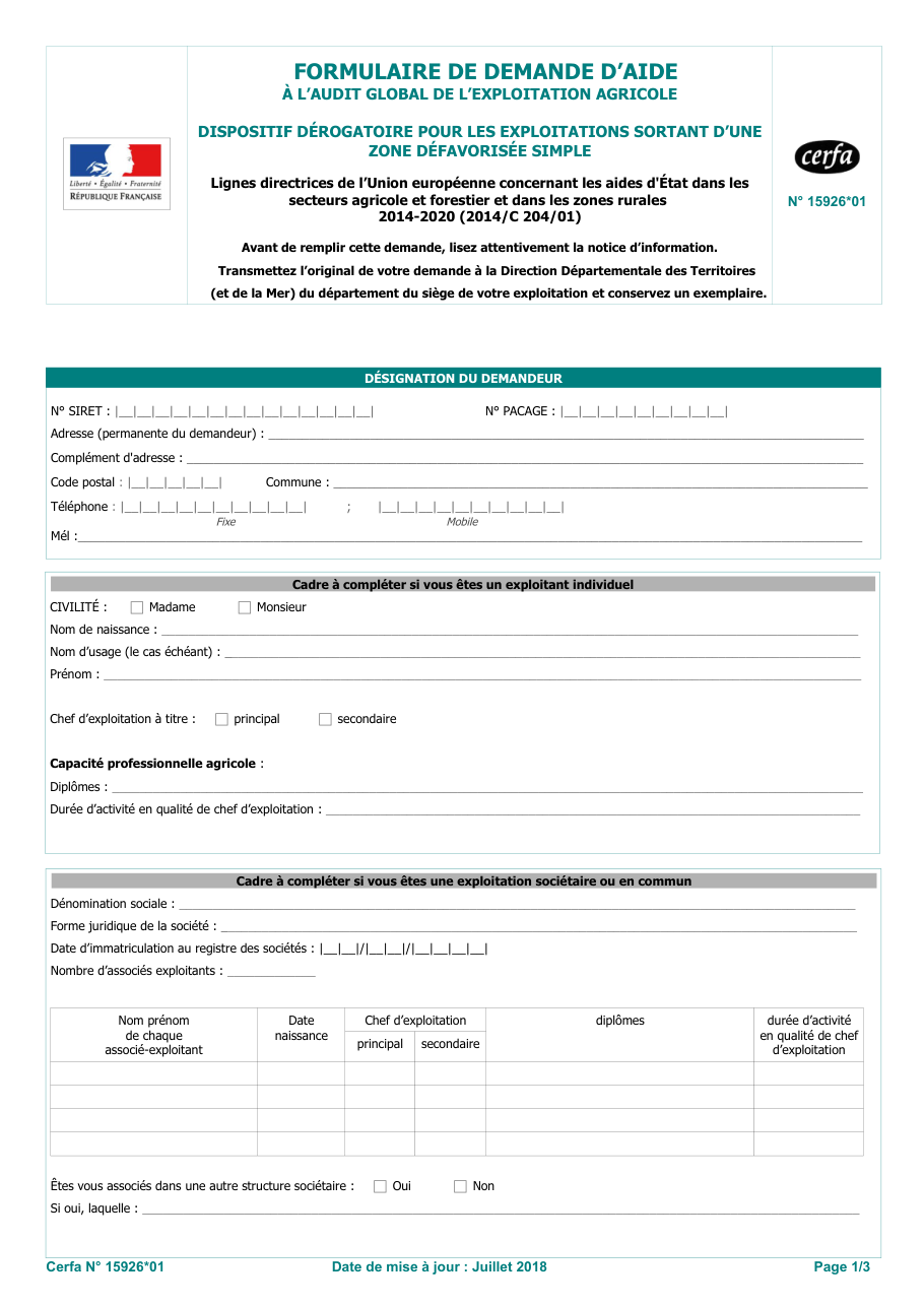 Page 1 du formulaire cerfa 15926 — Demande d'aide à l'audit global de l'exploitation agricole — dispositif dérogatoire