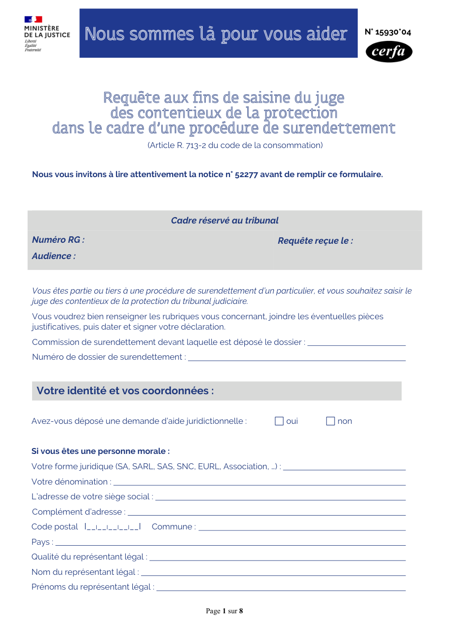 Page 1 du formulaire cerfa 15930 — Saisine du juge des contentieux de la protection (surendettement)