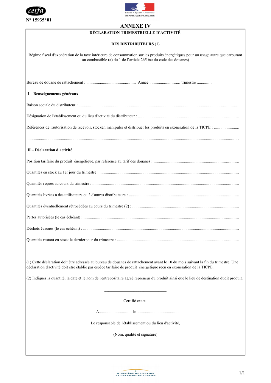 Page 1 du formulaire cerfa 15935 — Déclarer chaque trimestre son activité de distributeur en exonération de TICPE, hors carburant et combustible