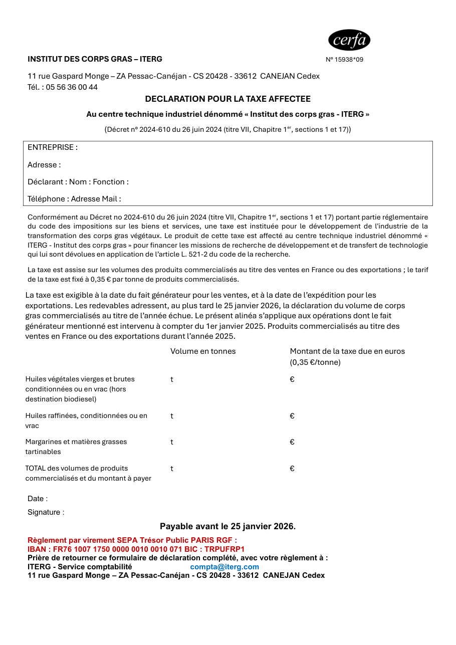 Page 1 du formulaire cerfa 15938 — Déclaration pour la taxe affectée à l'Institut des corps gras (ITERG)