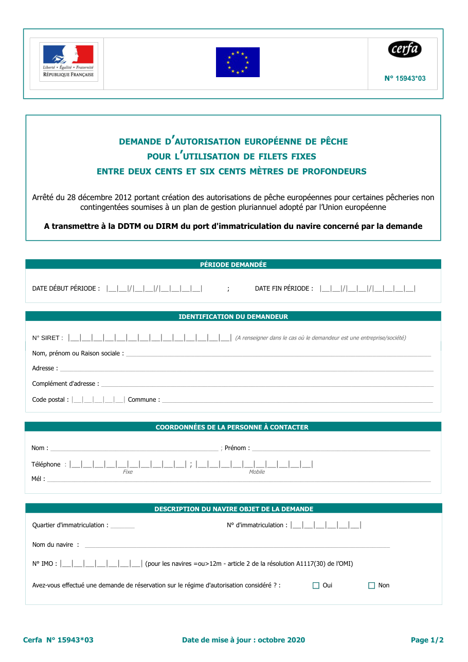 Page 1 du formulaire cerfa 15943 — Demande d'autorisation européenne de pêche pour l'utilisation de filets fixes entre deux
