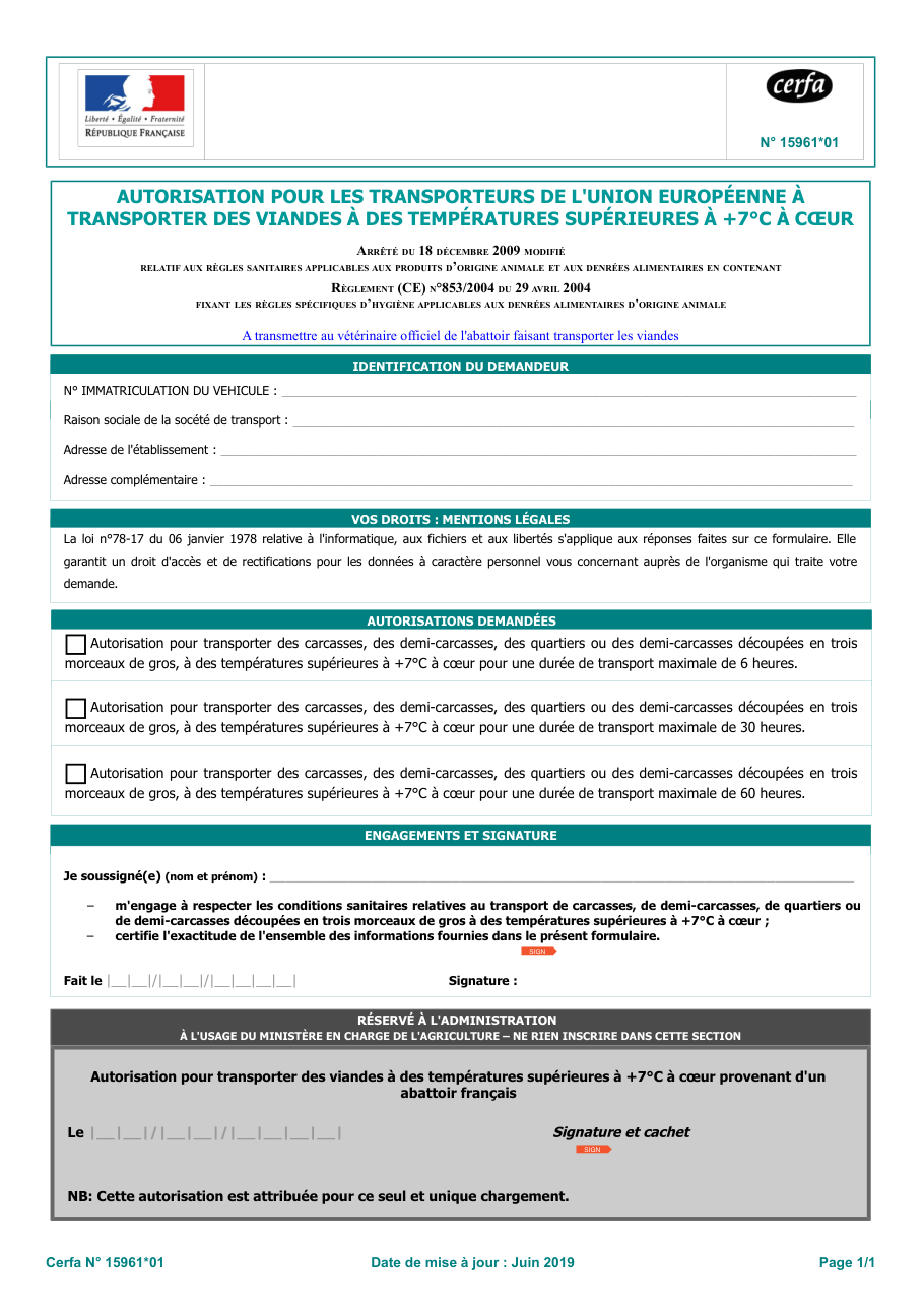 Page 1 du formulaire cerfa 15961 — Autorisation pour les transporteurs de l'union européenne à transporter des viandes à des températures