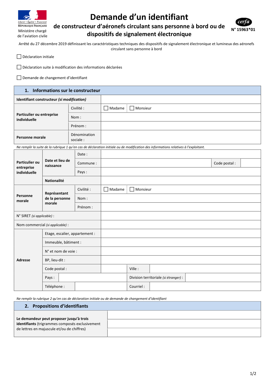 Page 1 du formulaire cerfa 15963 — Demande d'un identifiant de constructeur d'aéronefs sans personne à bord (drones)