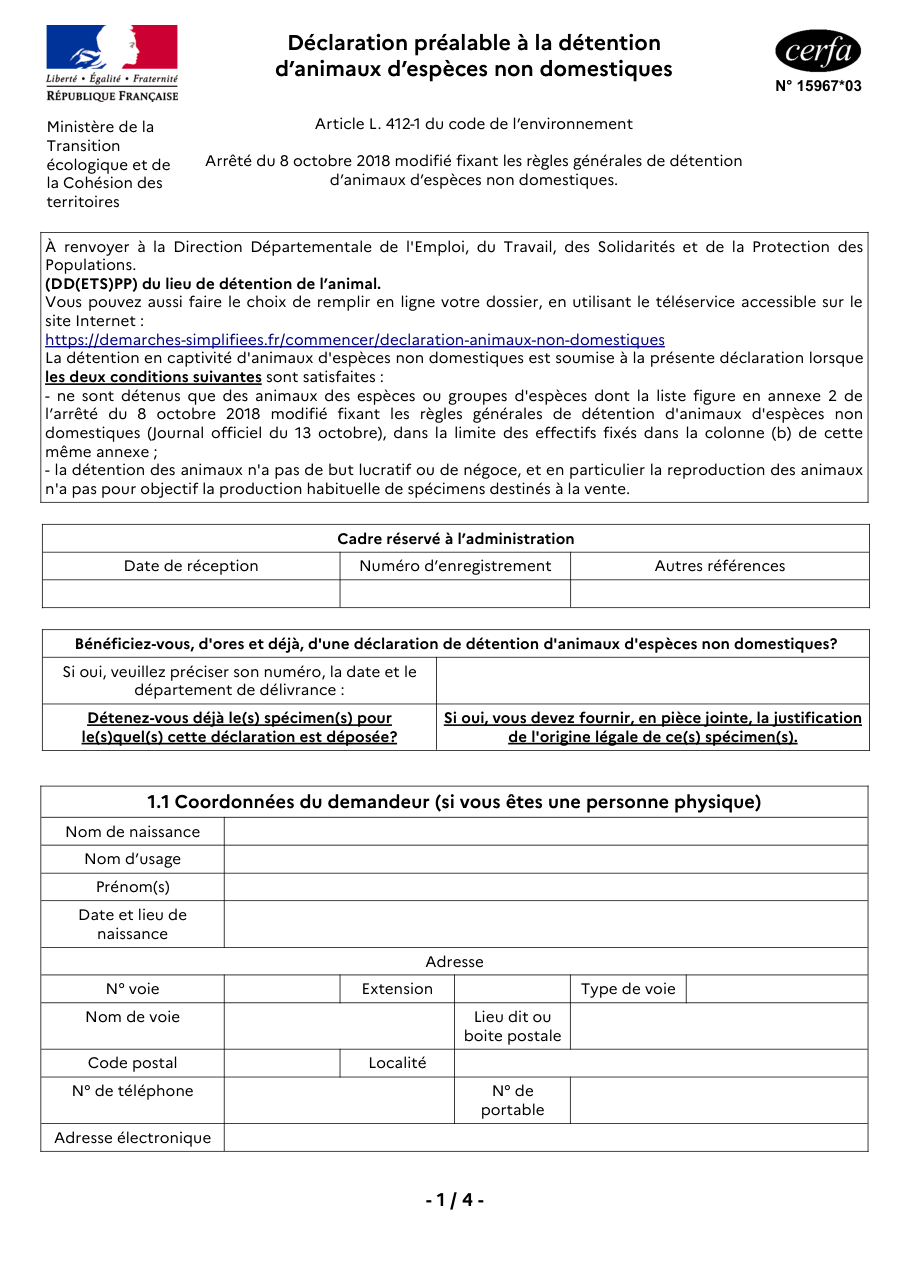 Page 1 du formulaire cerfa 15967 — Déclaration préalable à la détention d'animaux d'espèces non domestiques