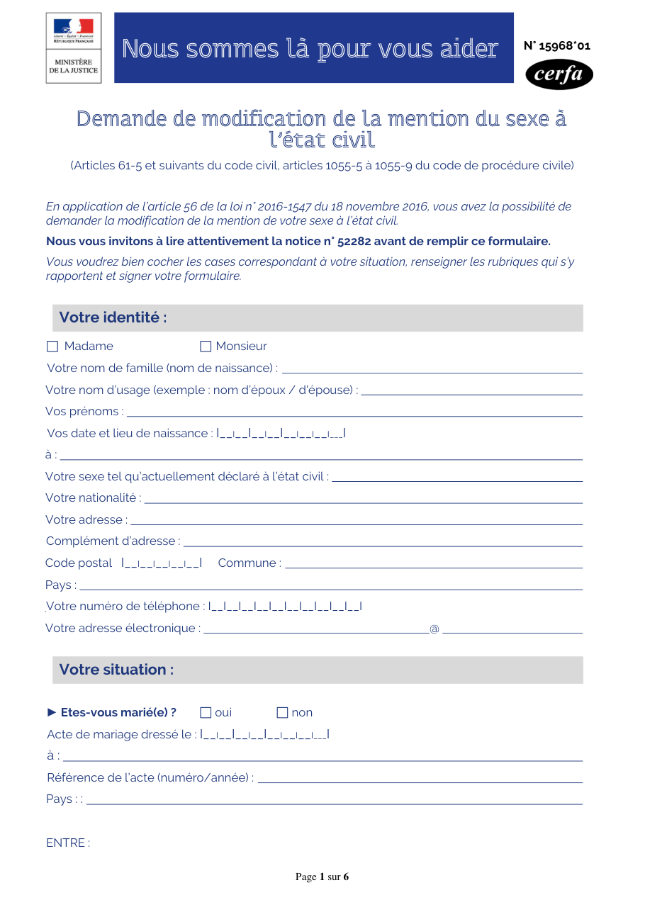 Page 1 du formulaire cerfa 15968 — Demande de modification de la mention du sexe à l'état civil