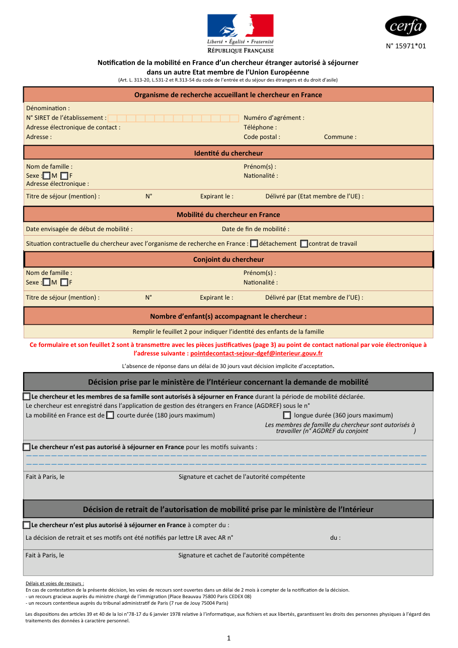 Page 1 du formulaire cerfa 15971 — Notification de la mobilité en France d'un chercheur étranger autorisé à séjourner dans un autre État membre de l'Union européenne