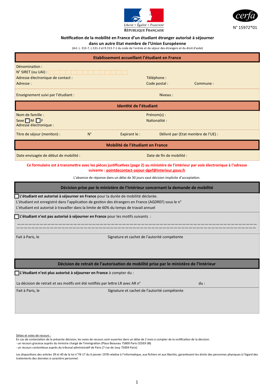 Page 1 du formulaire cerfa 15972 — Notification de la mobilité en France d'un étudiant étranger autorisé à séjourner dans un autre État membre de l'Union européenne