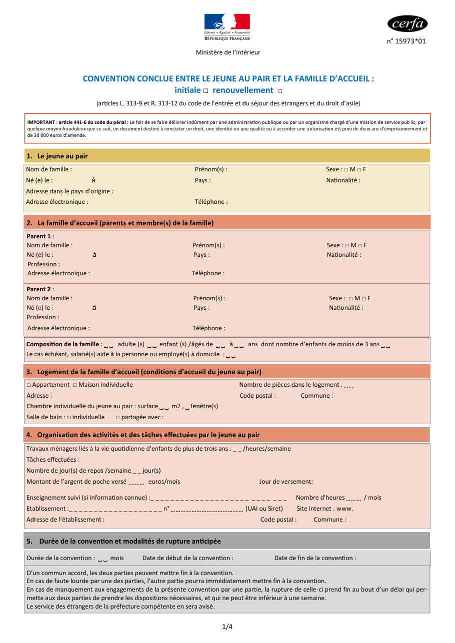 Page 1 du formulaire cerfa 15973 — Convention conclue entre le jeune au pair et la famille d'accueil