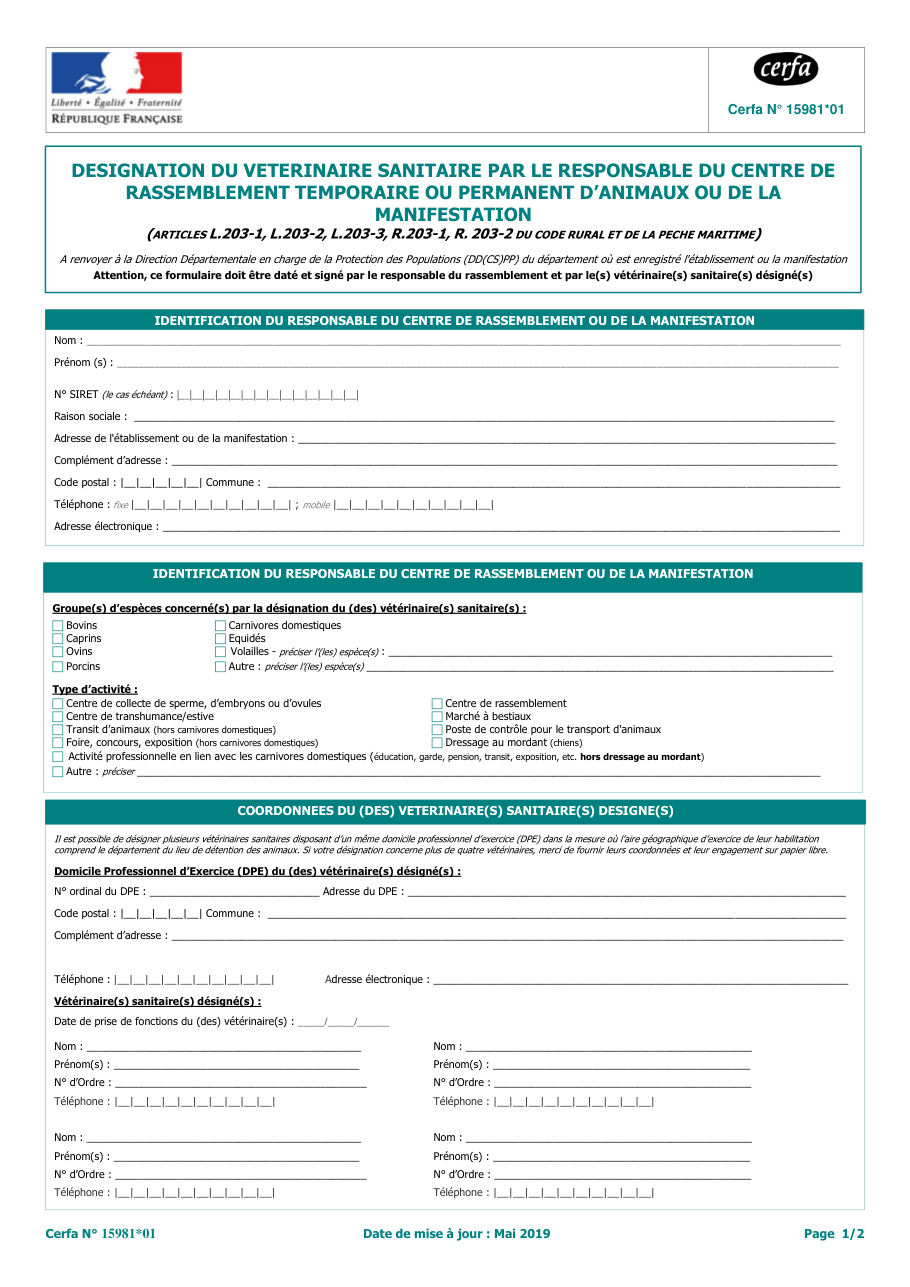 Page 1 du formulaire cerfa 15981 — Désignation du vétérinaire sanitaire par le responsable du centre de rassemblement