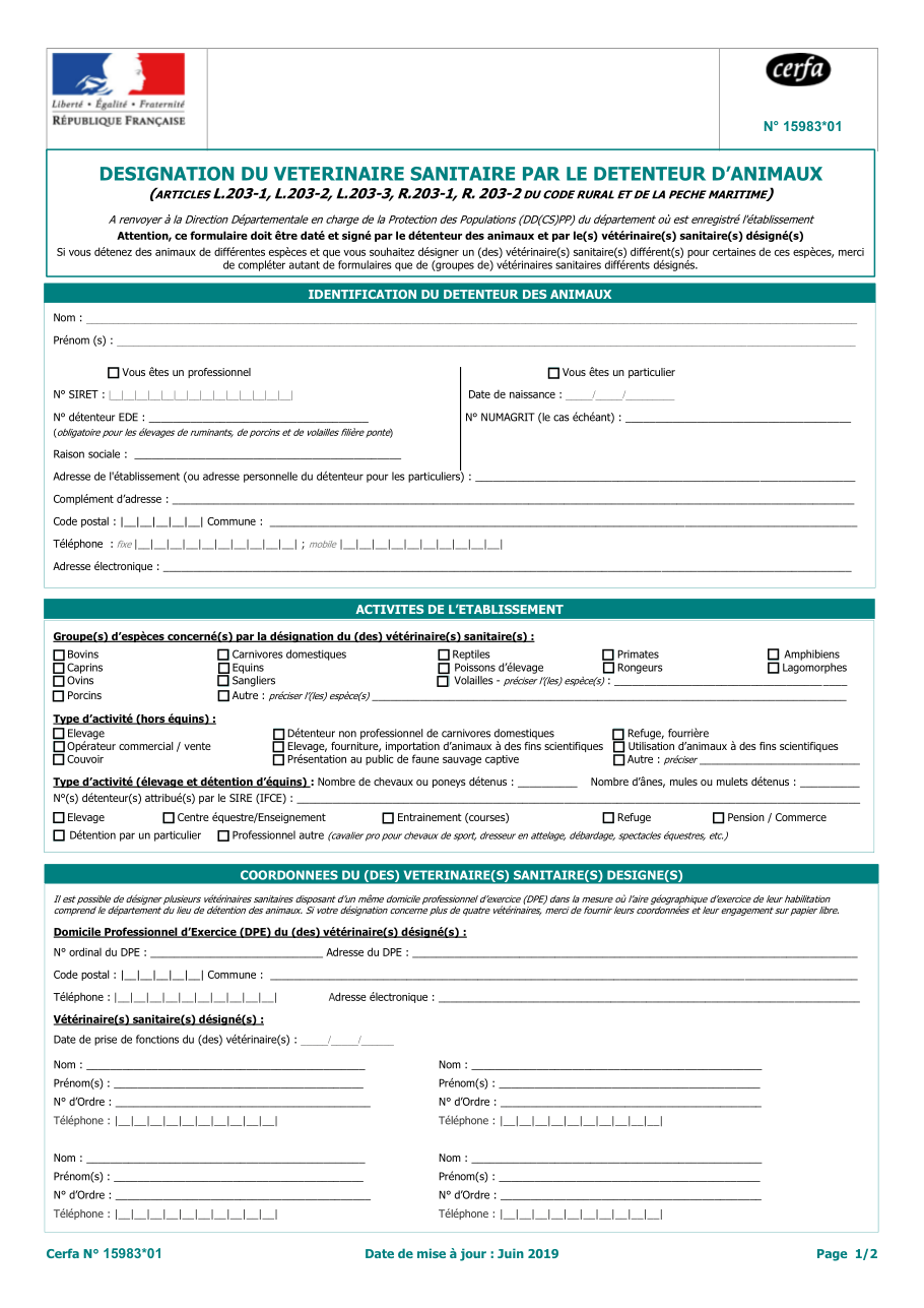 Page 1 du formulaire cerfa 15983 — Désigner son vétérinaire sanitaire quand on détient des animaux