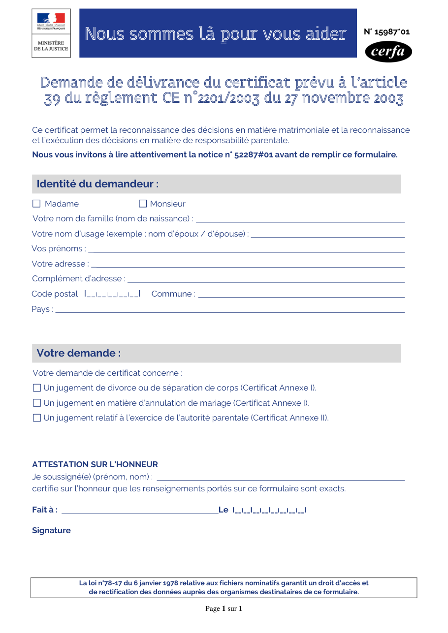 Page 1 du formulaire cerfa 15987 — Demande de délivrance du certificat prévu à l'article 39 du règlement CE n° 2201/2003