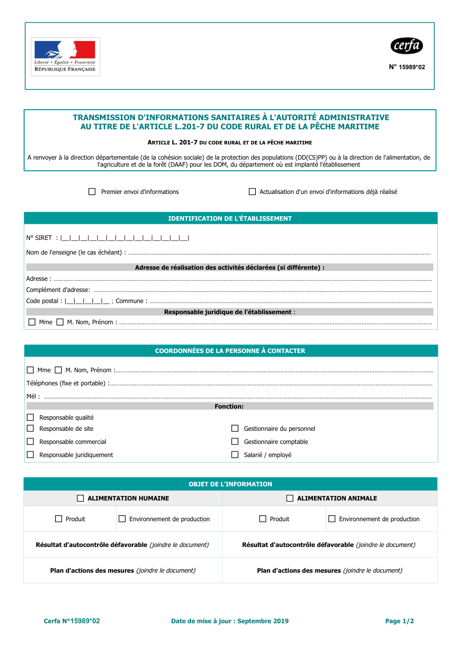 Page 1 du formulaire cerfa 15989 — Transmission d'informations sanitaires à l'autorité administrative