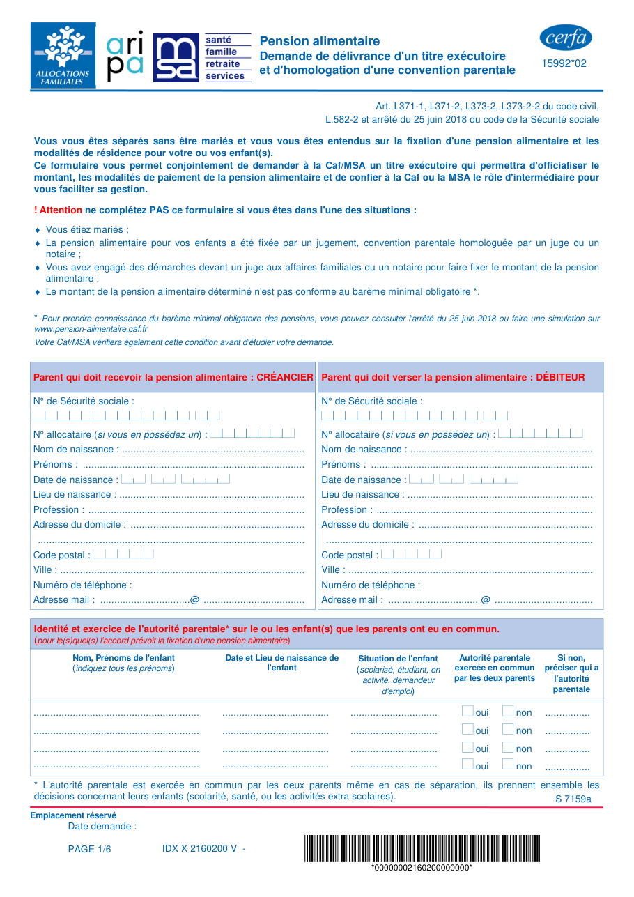 Page 1 du formulaire cerfa 15992 — Pension alimentaire — demande de délivrance d'un titre exécutoire et d'homologation d'une convention parentale