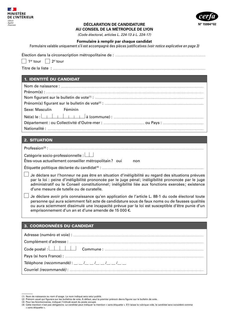 Page 1 du formulaire cerfa 15994 — Déclaration de candidature au conseil de la métropole de Lyon