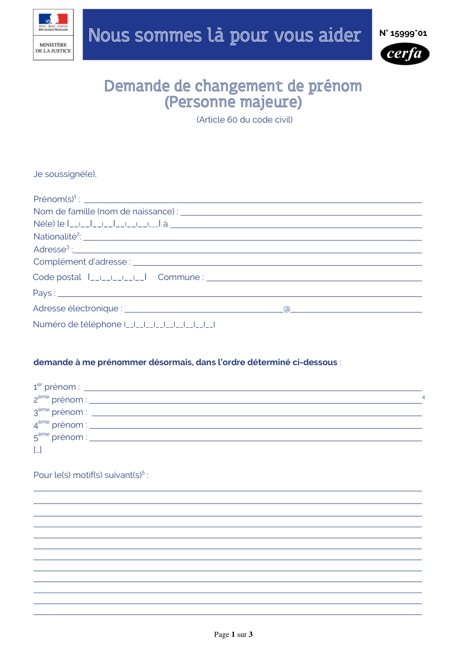 Page 1 du formulaire cerfa 15999 — Demande de changement de prénom (Personne majeure)
