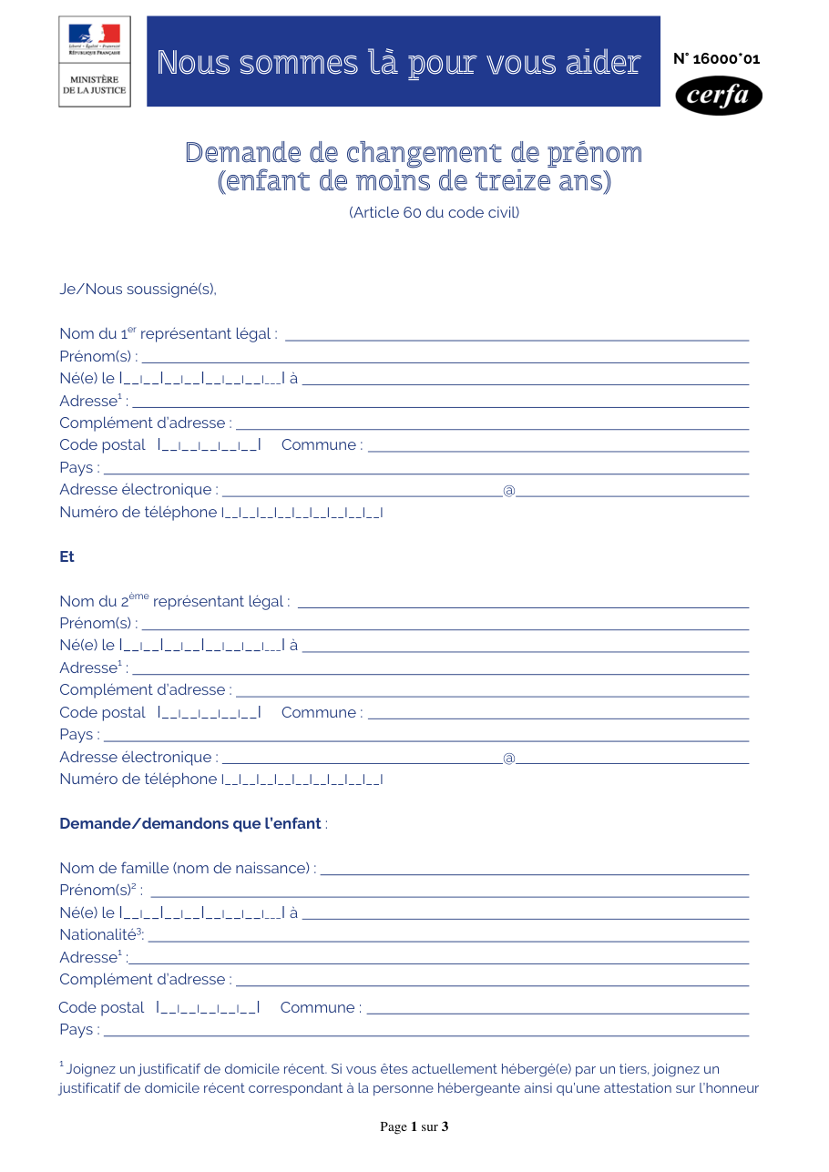 Page 1 du formulaire cerfa 16000 — Demande de changement de prénom (enfant de moins de treize ans)