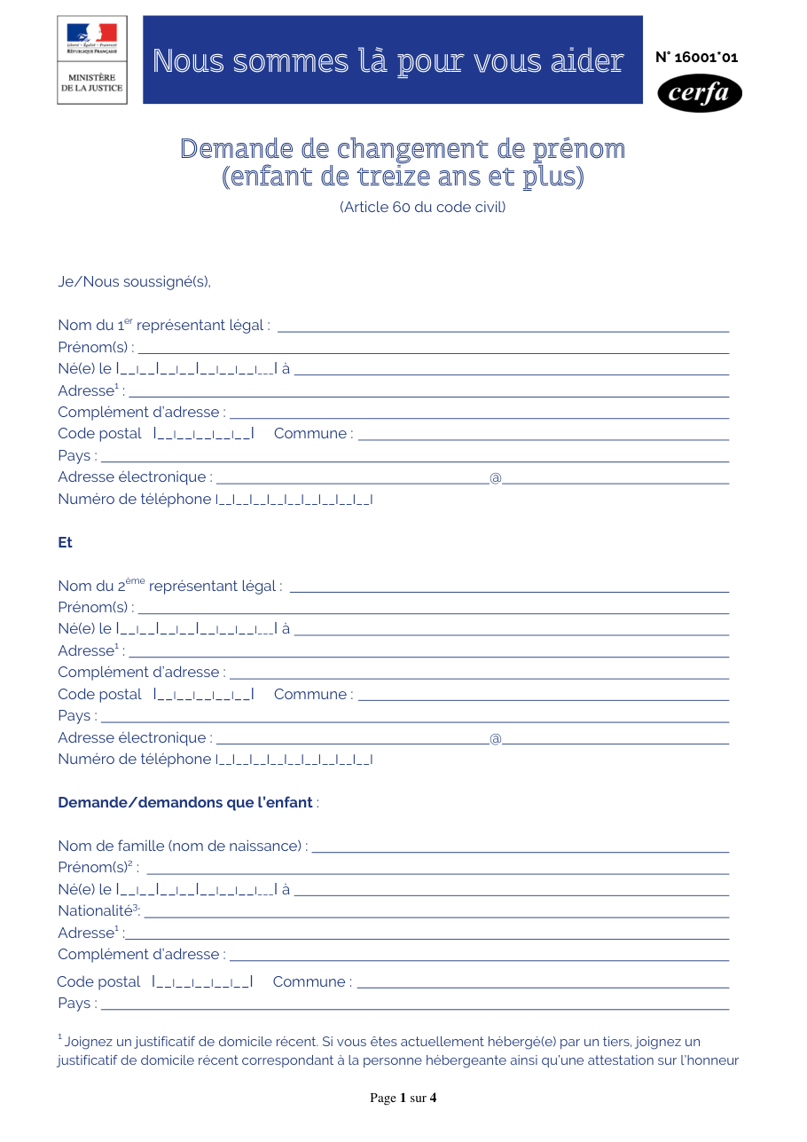 Page 1 du formulaire cerfa 16001 — Demander le changement de prénom d'un enfant