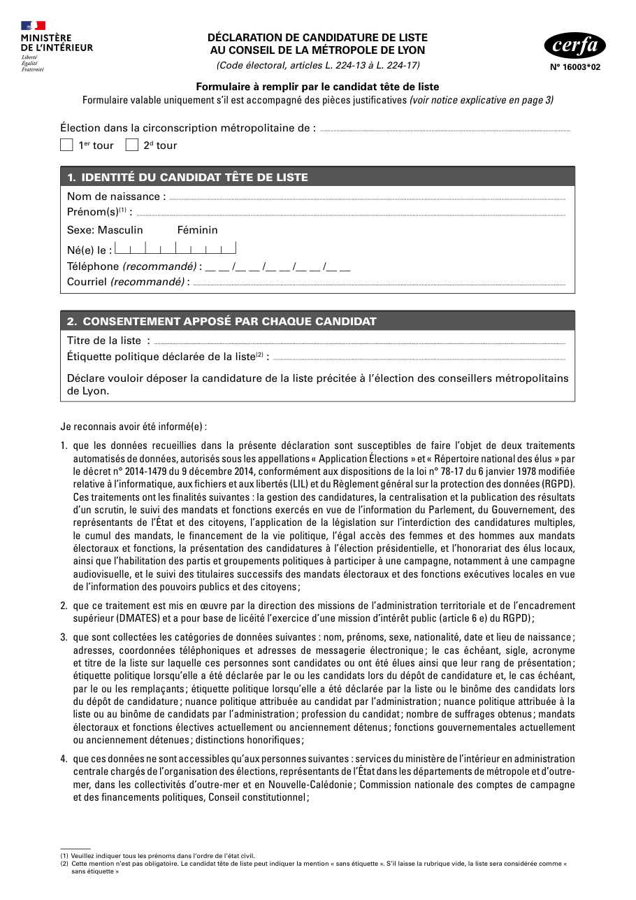 Page 1 du formulaire cerfa 16003 — Déclarer une liste de candidats au conseil de la métropole de Lyon (tête de liste)