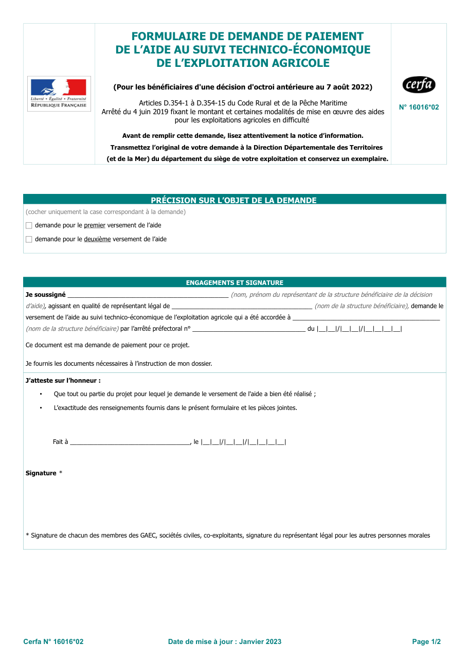 Page 1 du formulaire cerfa 16016 — Formulaire de demande de paiement de l'aide au suivi technico-économique de l'exploitation agricole