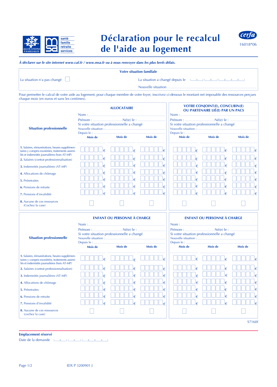 Page 1 du formulaire cerfa 16018 — Déclaration pour le recalcul de l'aide au logement
