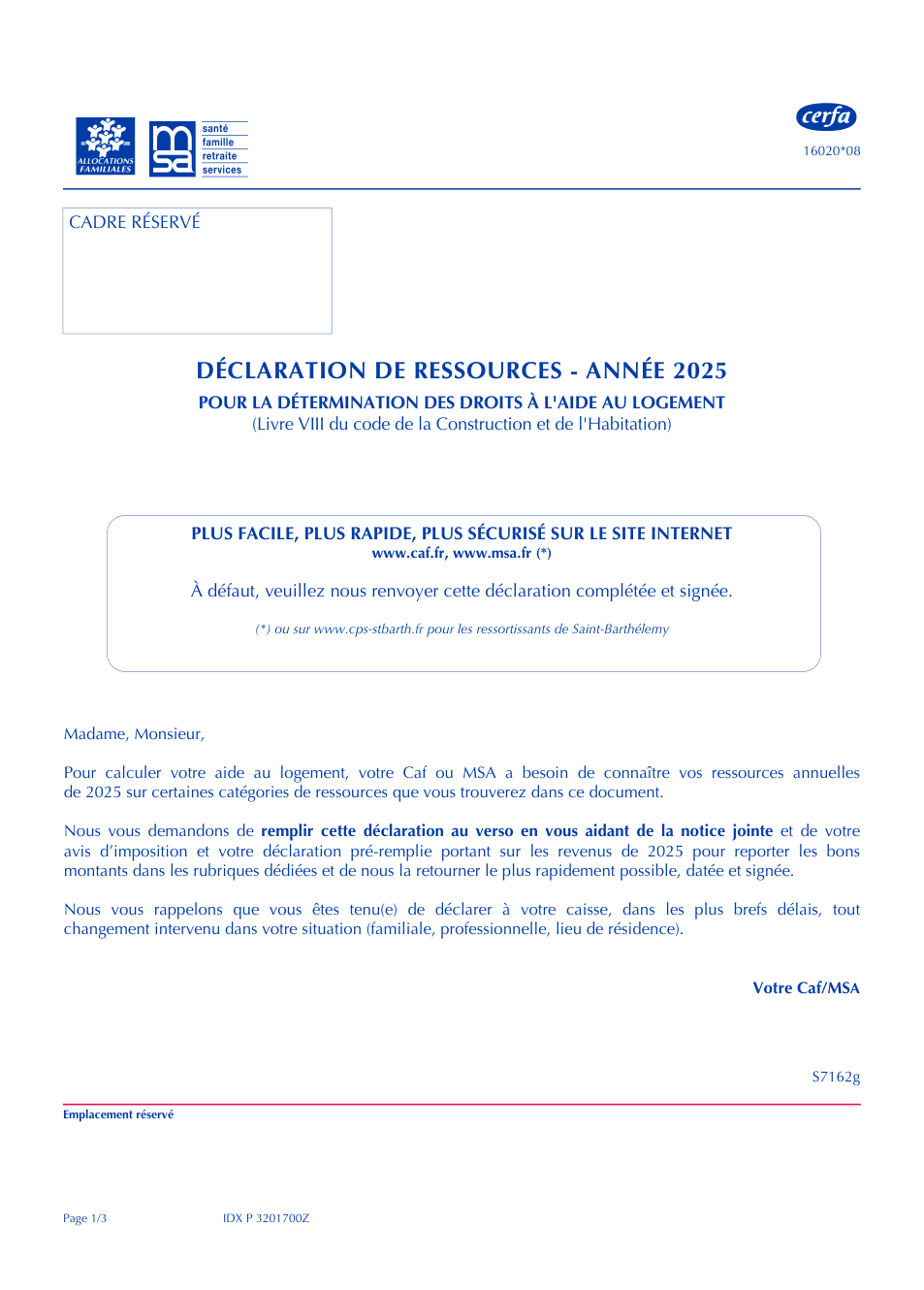 Page 1 du formulaire cerfa 16020 — Déclaration de ressources 2025 pour l'aide au logement