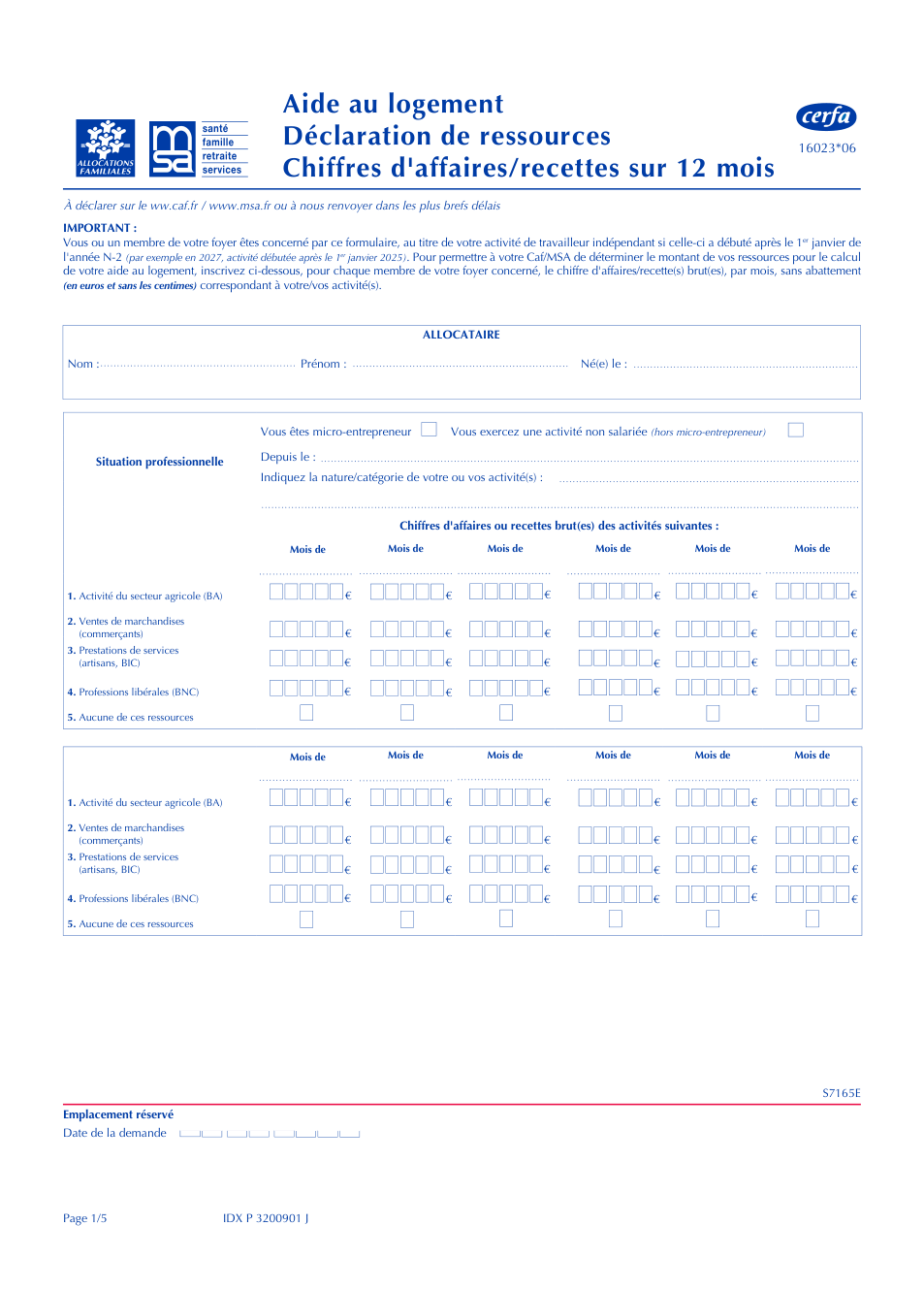 Page 1 du formulaire cerfa 16023 — Déclarer ses chiffres d'affaires pour l'aide au logement