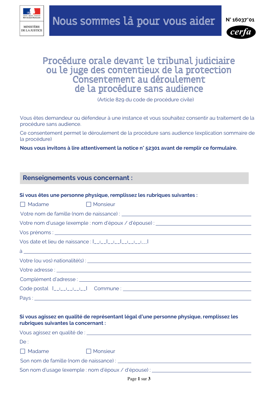 Page 1 du formulaire cerfa 16037 — Procédure orale devant le tribunal judiciaire ou le juge des contentieux de la protection