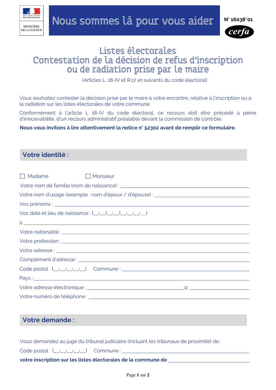 Page 1 du formulaire cerfa 16038 — Contester le refus d'inscription ou la radiation décidée par le maire