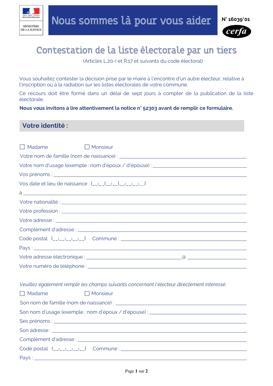 Page 1 du formulaire cerfa 16039 — Contester l'inscription ou la radiation d'un autre électeur sur la liste électorale