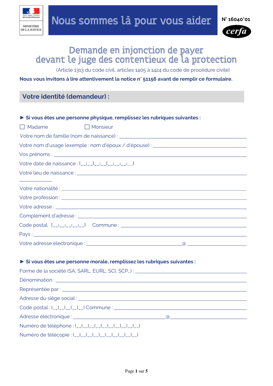 Page 1 du formulaire cerfa 16040 — Demande en injonction de payer devant le juge des contentieux de la protection