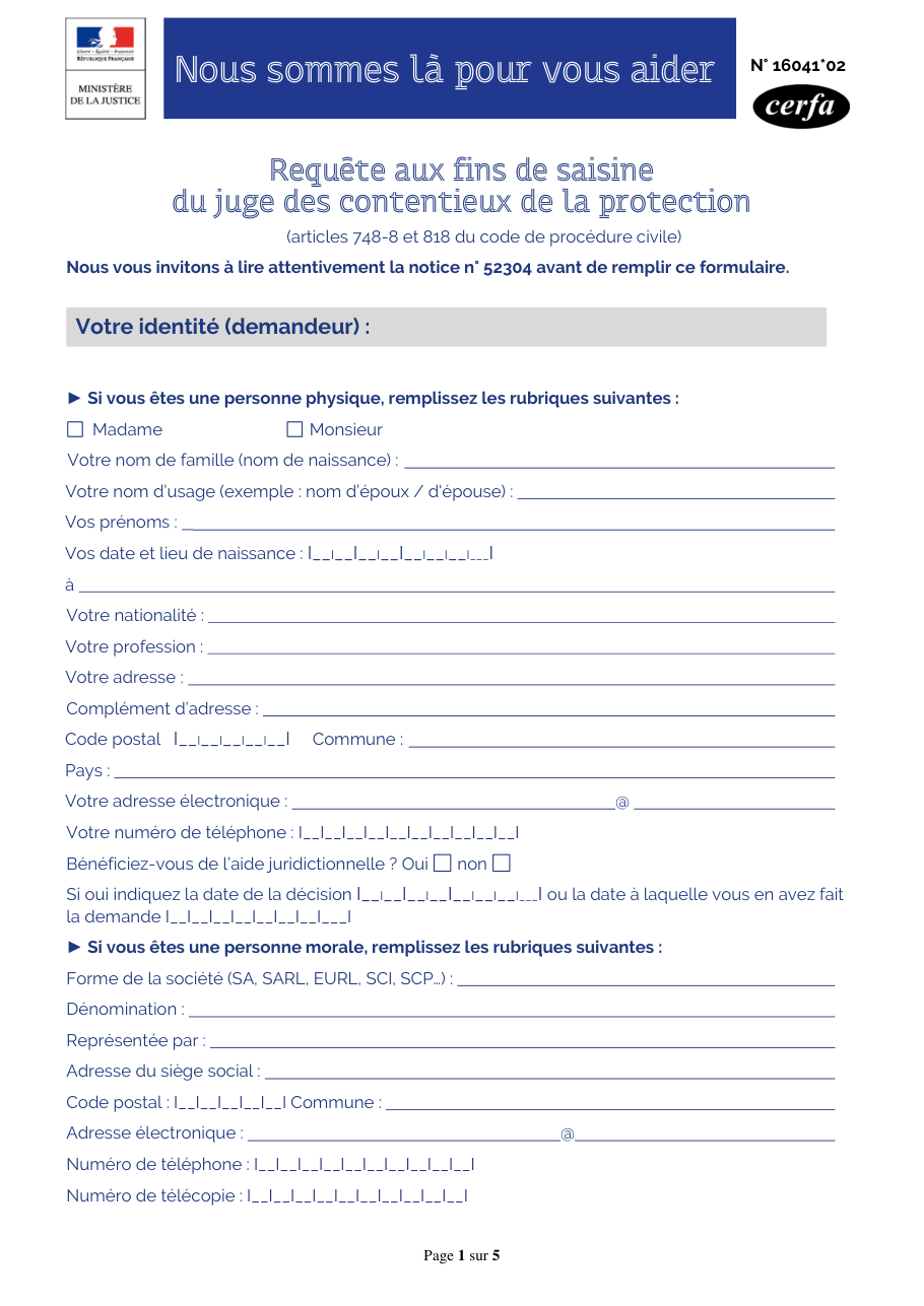 Page 1 du formulaire cerfa 16041 — Requête aux fins de saisine du juge des contentieux de la protection