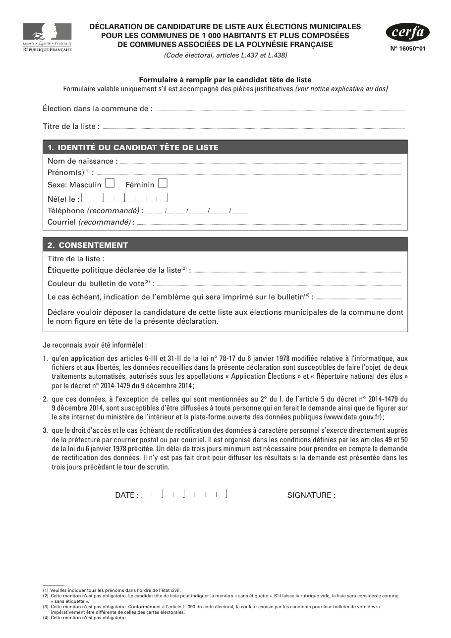 Page 1 du formulaire cerfa 16050 — Déclaration de candidature en liste — élections (candidat tête de liste)