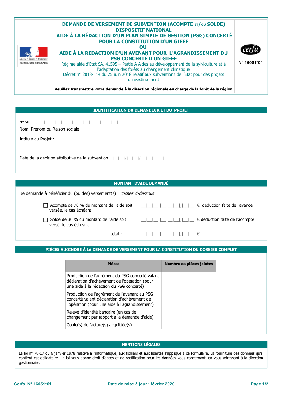 Page 1 du formulaire cerfa 16051 — Demande de versement de subvention, dispositif national d'aide à la rédaction d'un plan simple de gestion concerté