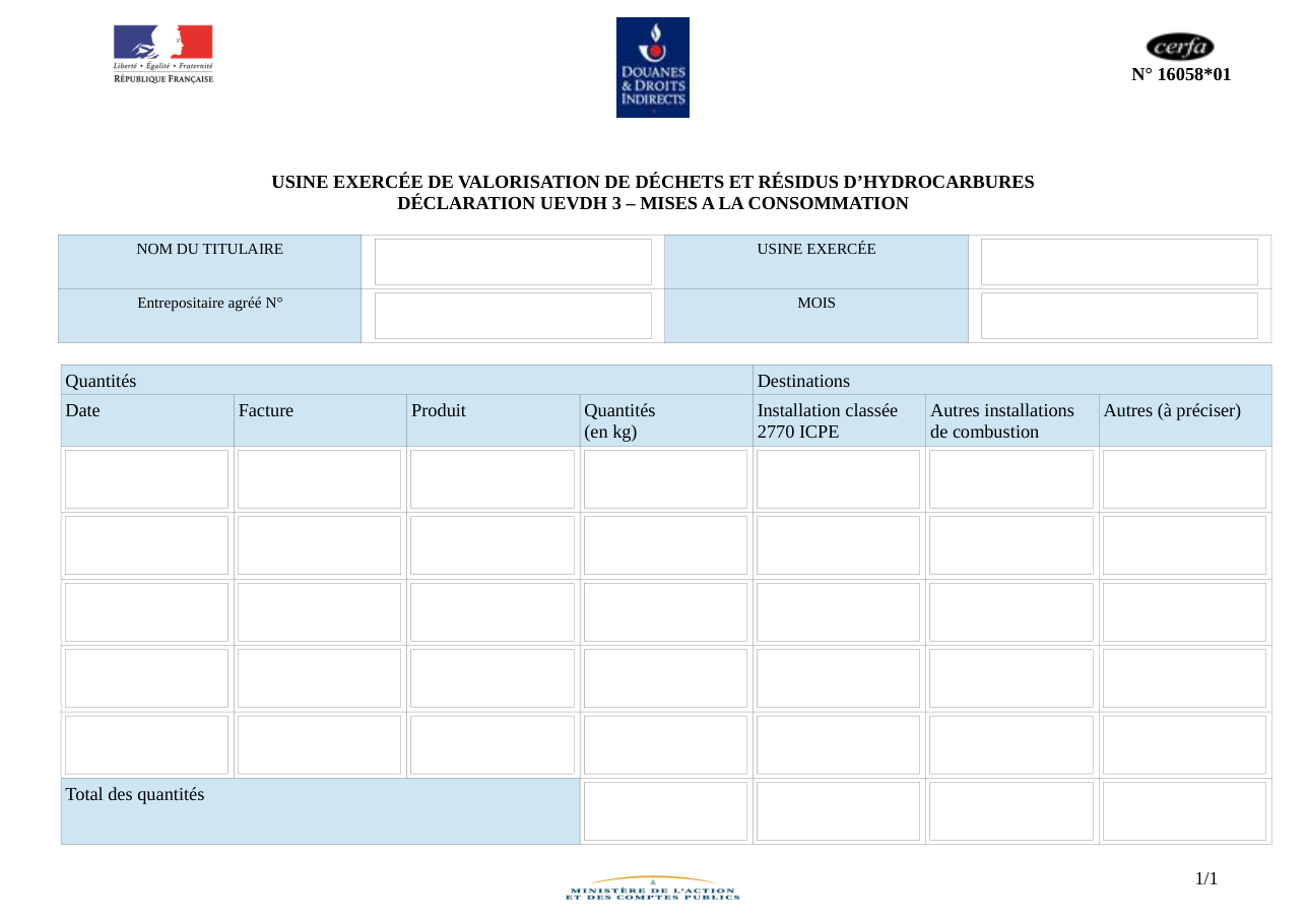 Page 1 du formulaire cerfa 16058 — Usine exercée de valorisation de déchets et résidus d’hydrocarbures déclaration uevdh 3 – mises