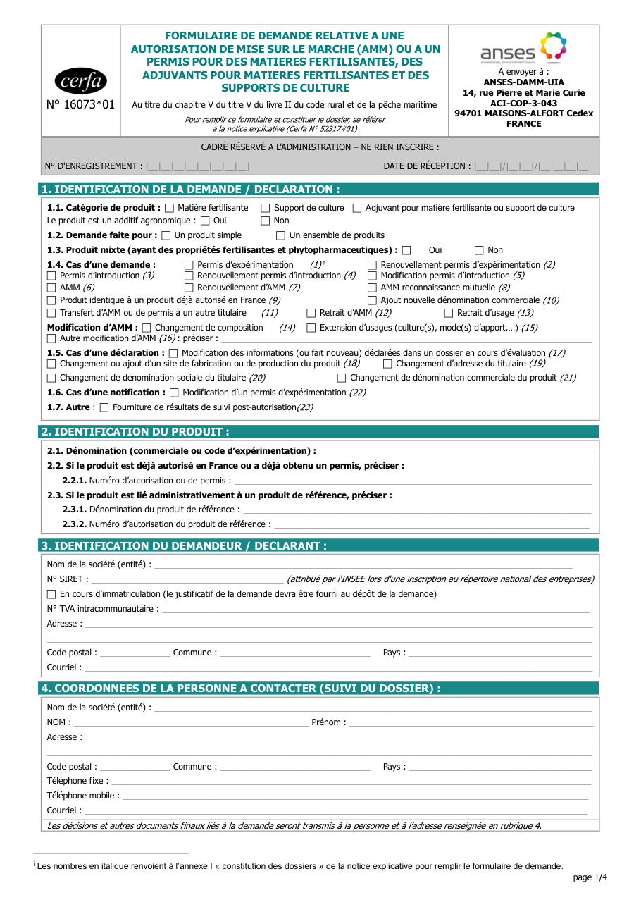 Page 1 du formulaire cerfa 16073 — Demande d'autorisation de mise sur le marché (AMM) ou de permis pour des matières