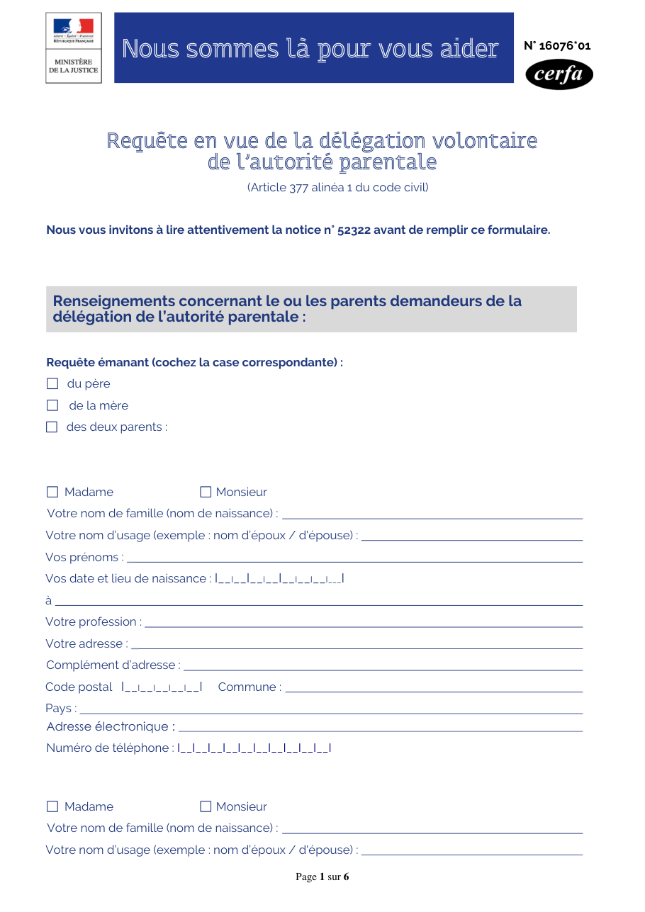Page 1 du formulaire cerfa 16076 — Requête en vue de la délégation volontaire de l’autorité parentale