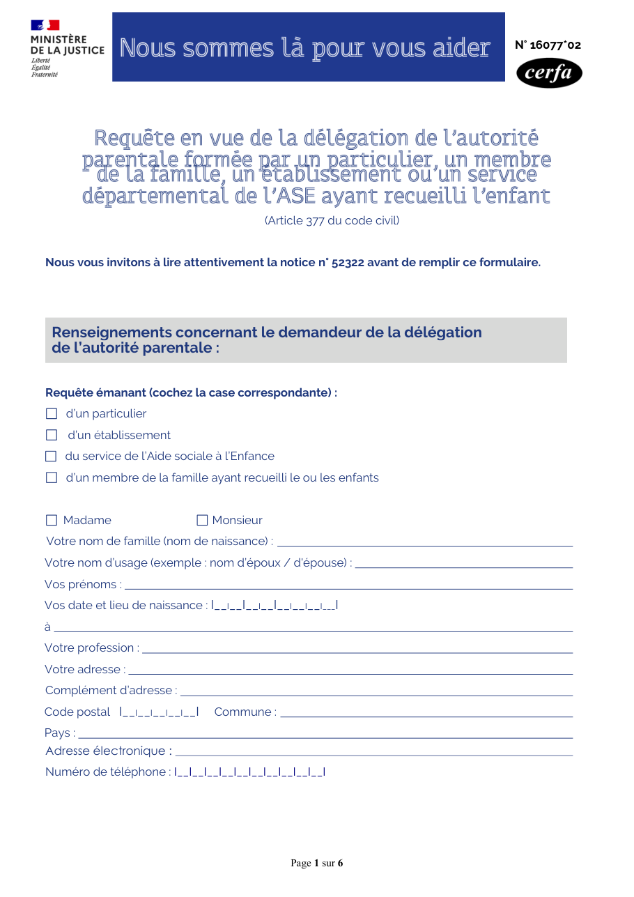 Page 1 du formulaire cerfa 16077 — Requête aux fins de délégation de l'autorité parentale