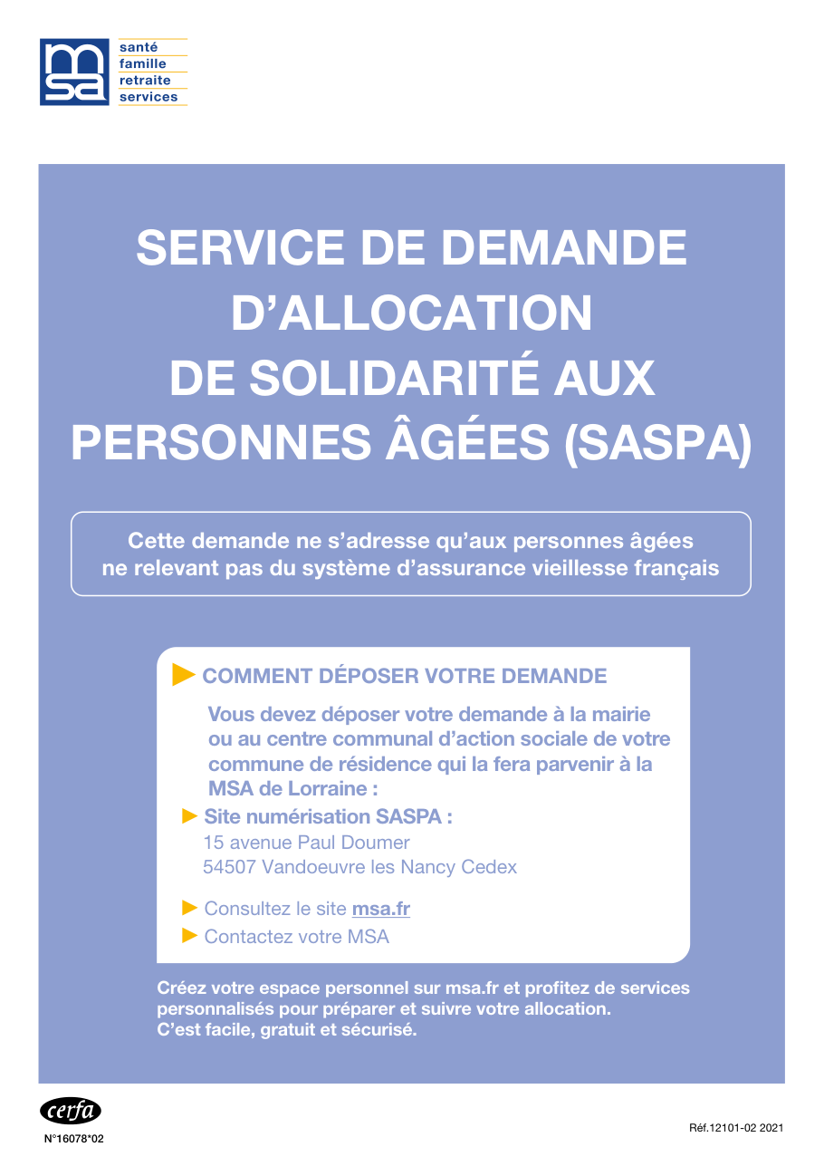 Page 1 du formulaire cerfa 16078 — Service de demande d'allocation de solidarité aux personnes âgées (SASPA)