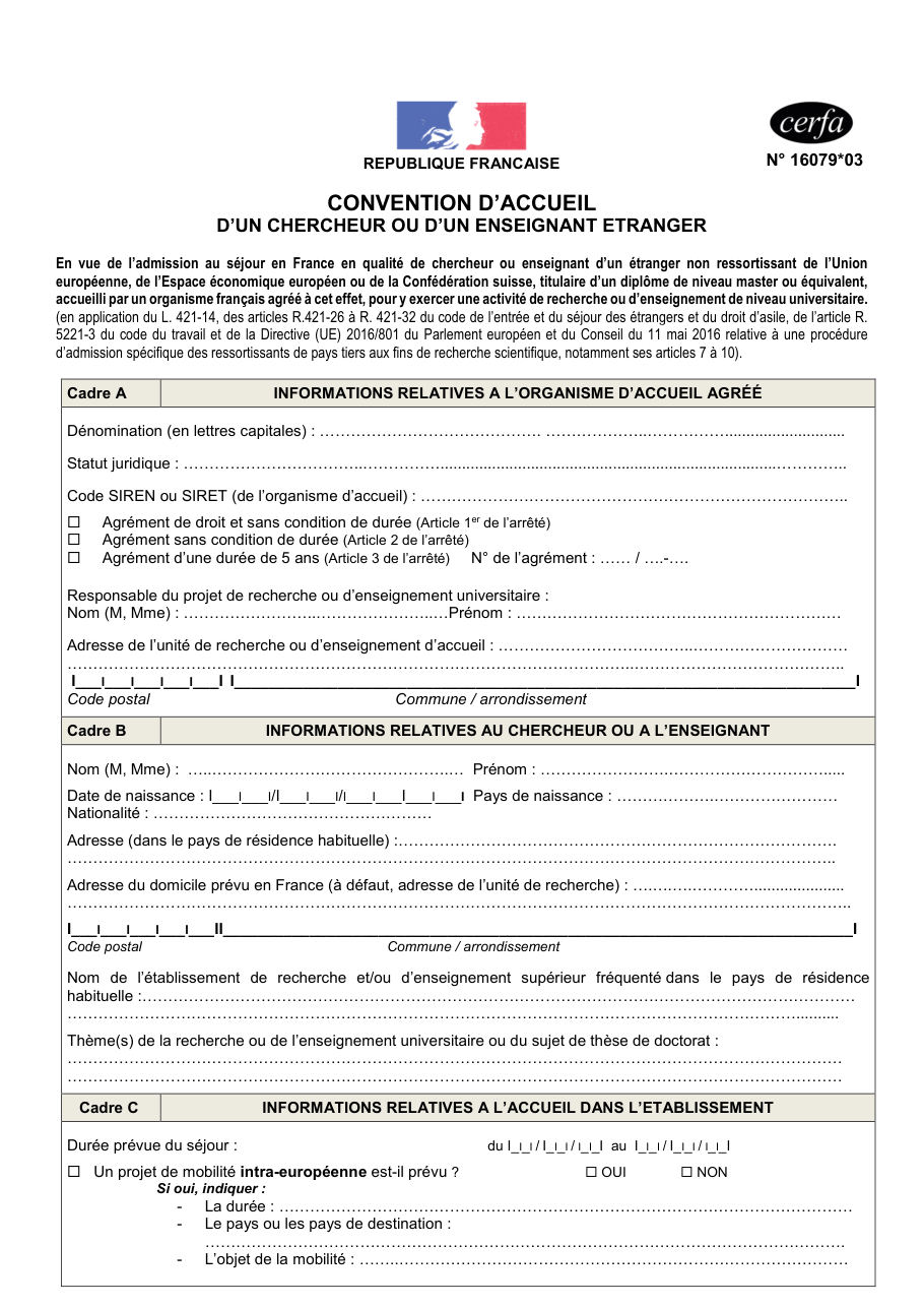 Page 1 du formulaire cerfa 16079 — Convention d'accueil d'un chercheur ou enseignant étranger (admission au séjour)