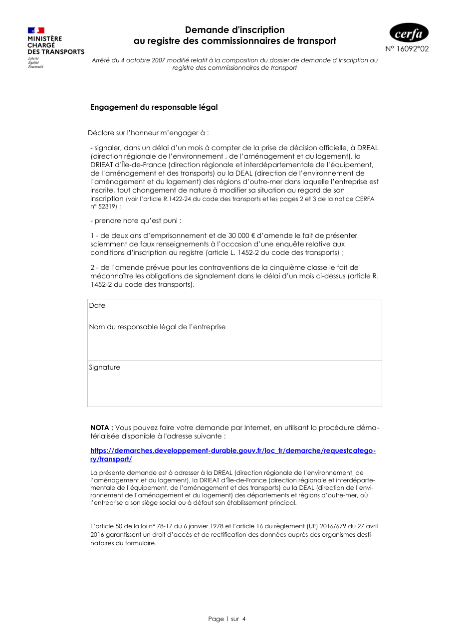 Page 1 du formulaire cerfa 16092 — Demande d'inscription au registre des commissionnaires de transport
